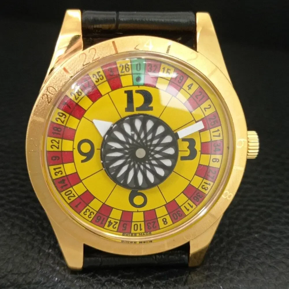 Vintage 1973 Roulette Manual Mens Gold Watch W/Leather Strap & Yellow accents